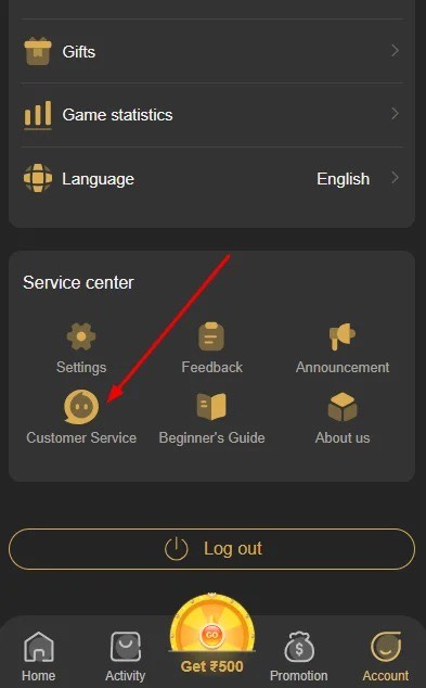 BDG Play Customer Service in Account Section