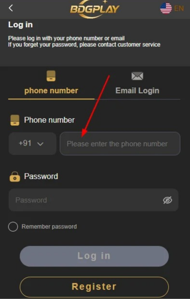 BDG Play Enter Registered Phone Number