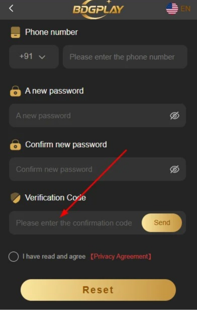 BDG Play Enter Verification Code and Reset